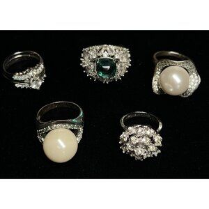 Vintage Costume Jewelry Ring Lot Glam Silver Tone Rhinestones